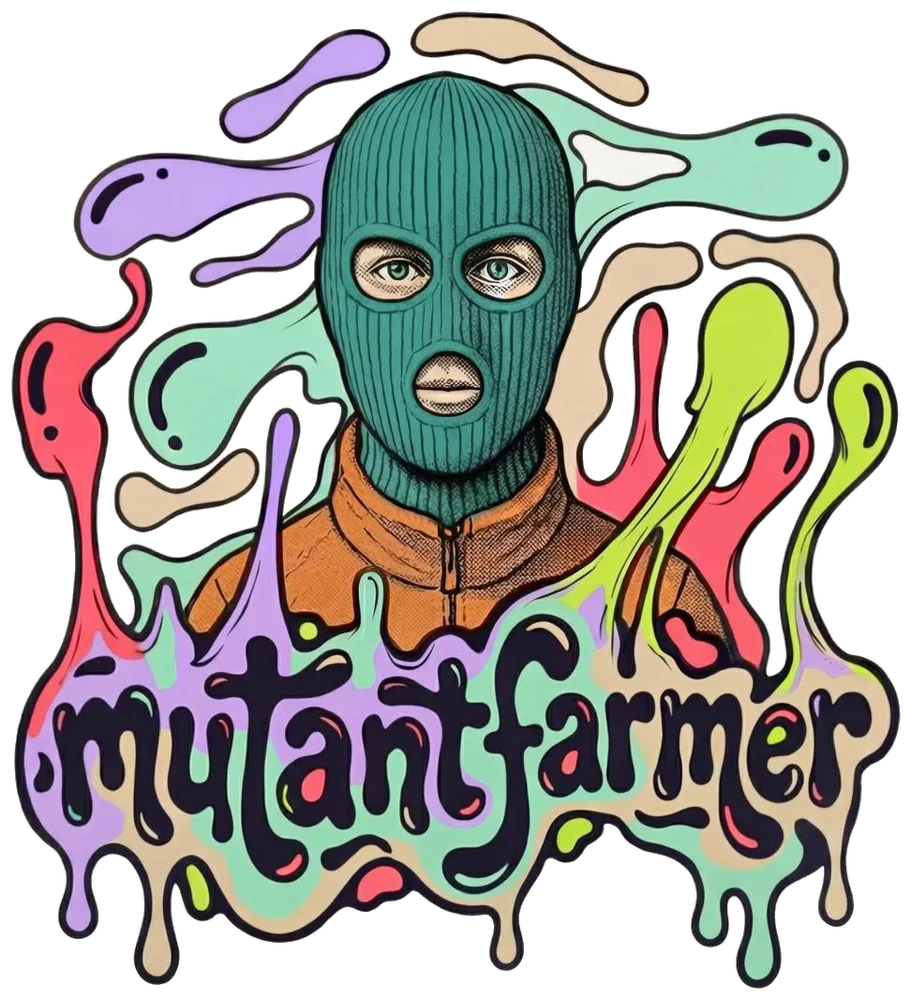 mutantfarmer-Logo: ein Grower mit grüner Sturmhaube über dem tropfenden Schriftzug mutantfarmer